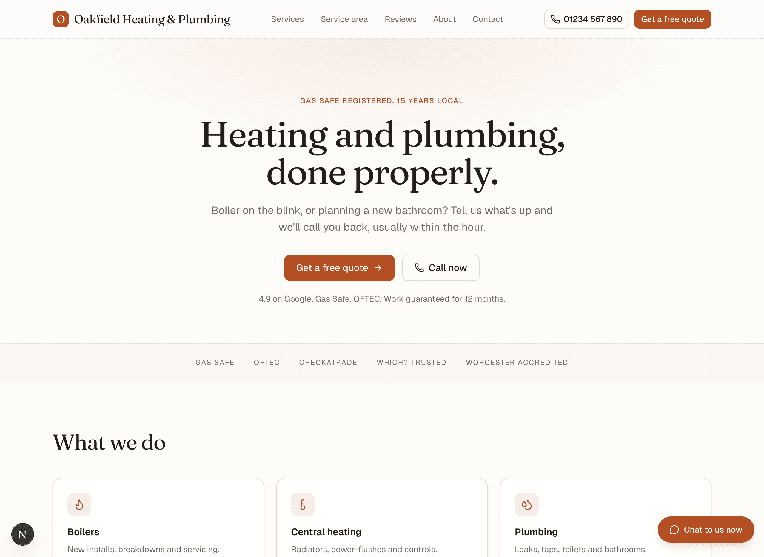 Homepage of the Oakfield Heating & Plumbing demo build